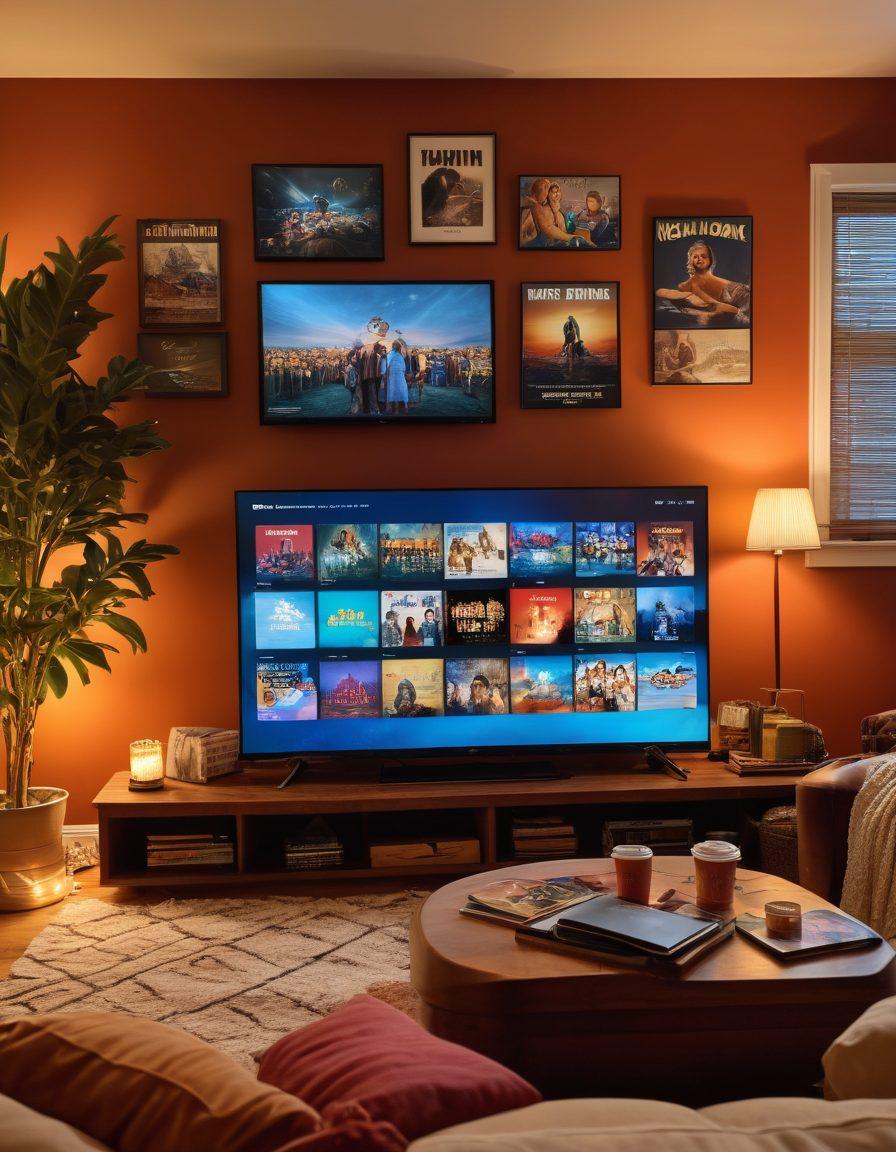 A cozy living room setting with a large TV displaying a movie scene, surrounded by popcorn, comfy blankets, and dimmed lights. There are various movie posters on the walls and a laptop with streaming websites open on a nearby table. Scattered DVDs and a film reel add a vintage touch, enhancing the theme of enjoying movies for free. The overall mood is inviting and relaxing. vibrant colors. cozy atmosphere. high detail.