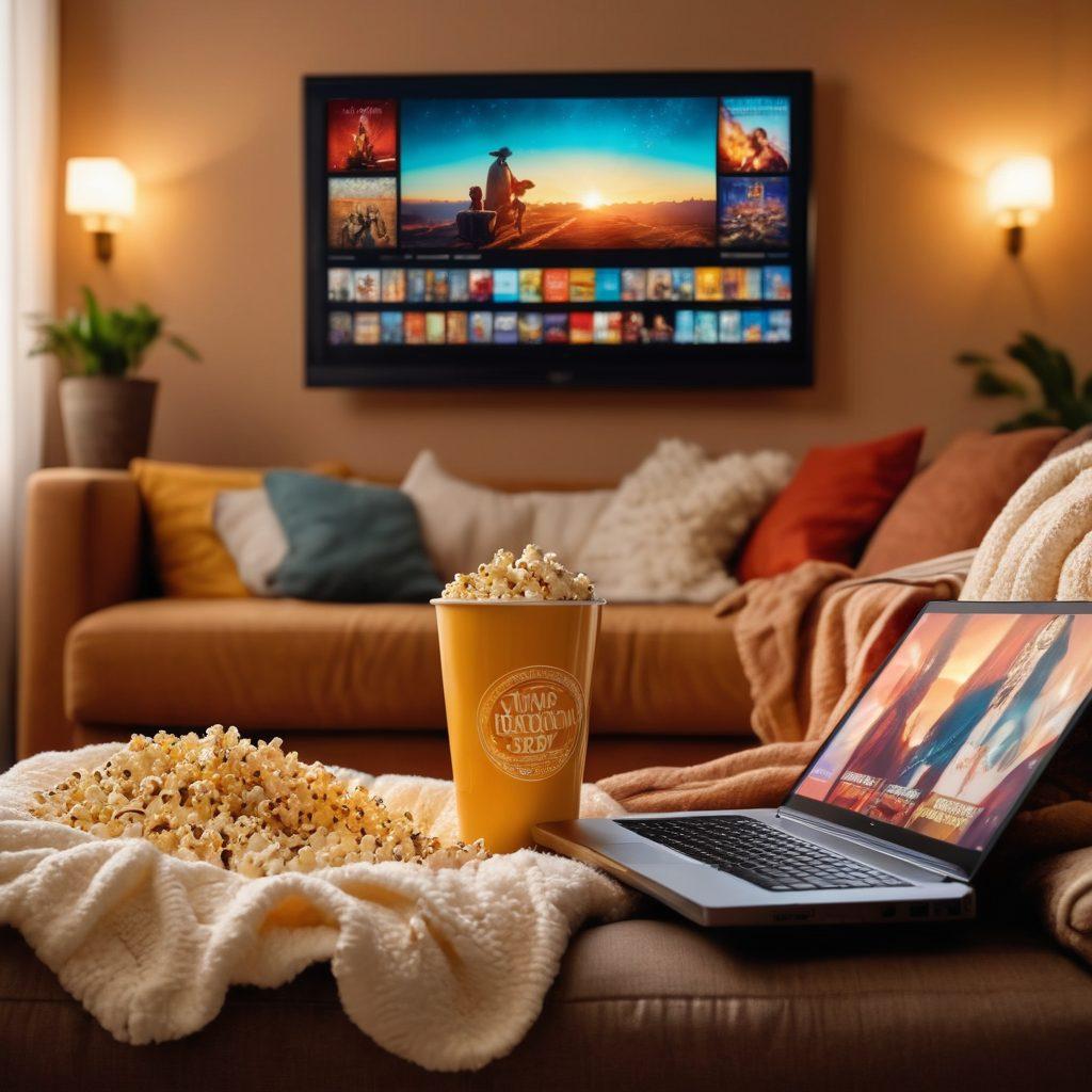 An open laptop on a cozy sofa, illuminated by soft warm light, displaying a vibrant streaming platform filled with various movie and series thumbnails. A steaming cup of popcorn sits beside it, and a soft blanket is draped over the armrest. In the background, a large wall is decorated with movie posters. Super-realistic. Warm colors. Cozy atmosphere.