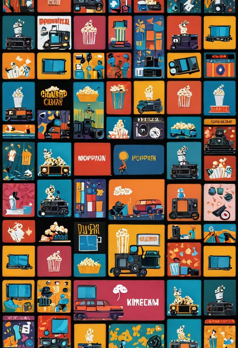 A collage of various digital platforms represented as colorful screens displaying iconic movie scenes. In the foreground, popcorn and a film reel are artistically placed. The background features abstract silhouettes of film cameras and vibrant streaming icons, suggesting an exciting movie-watching experience without spending money. Use vibrant colors and a modern, flat design style.